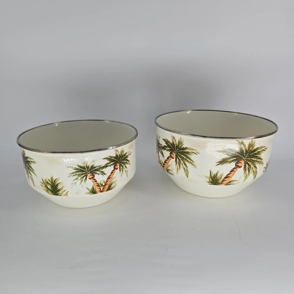 Vintage Palm Tree Enamel Mixing Bowls Set of 2 Coastal Palm Beach Kitchen
